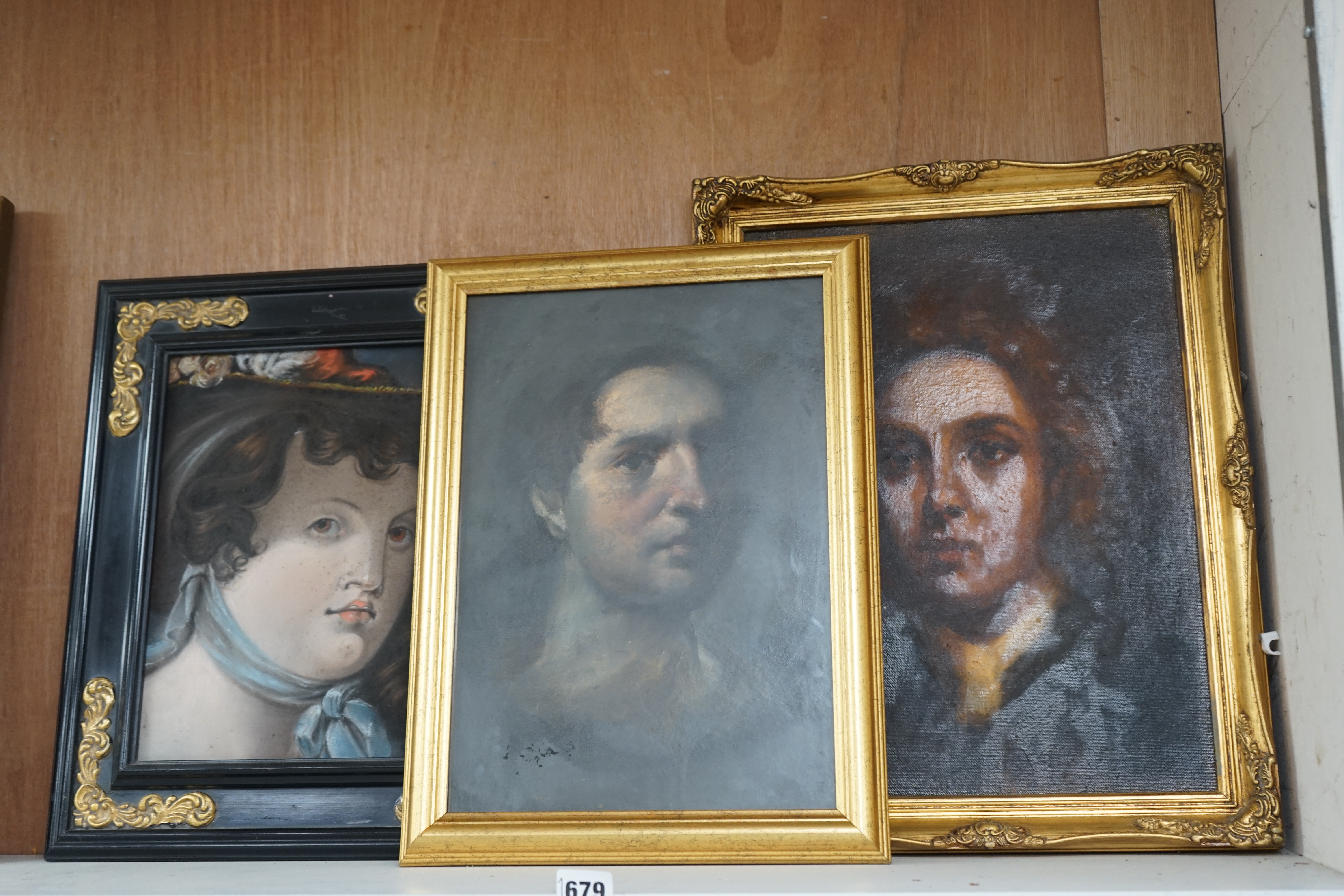 Three portraits to include a pastel, Portrait of a lady wearing a bonnet and an oil on canvas board, Portrait of a Georgian gentleman, 39 x 29cm, gilt framed. Condition - varies, fair to good